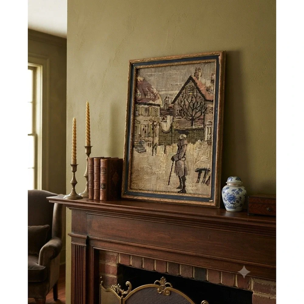 1920 Antique La France Art Company Jacquard Woven Tapestry Winter‎ Village Scene
